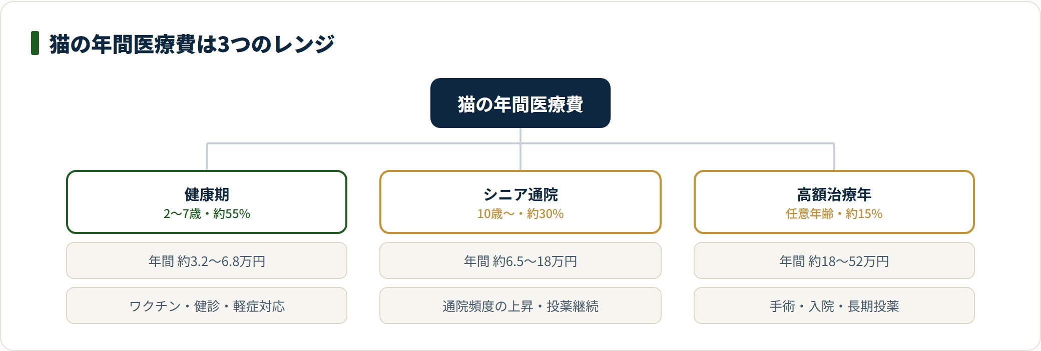 猫の年間医療費が健康期55%・シニア通院30%・高額治療年15%に分かれることを示す分類図。