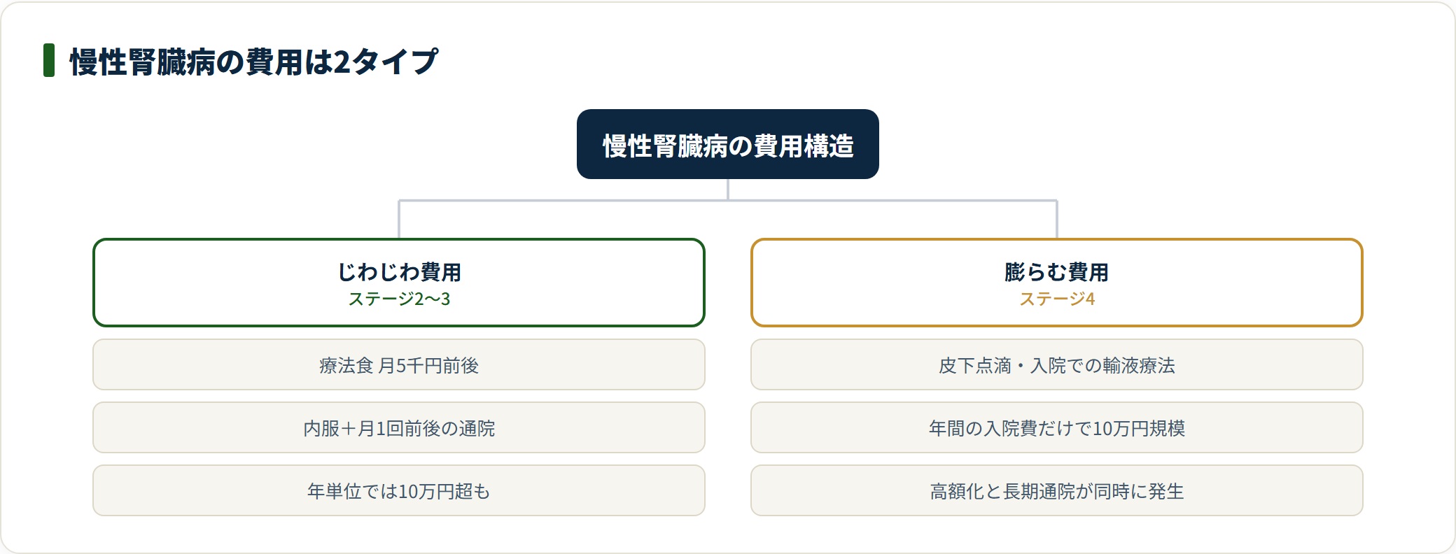 慢性腎臓病の費用がステージ2〜3のじわじわ費用とステージ4の入院費に分かれることを示す分類図。