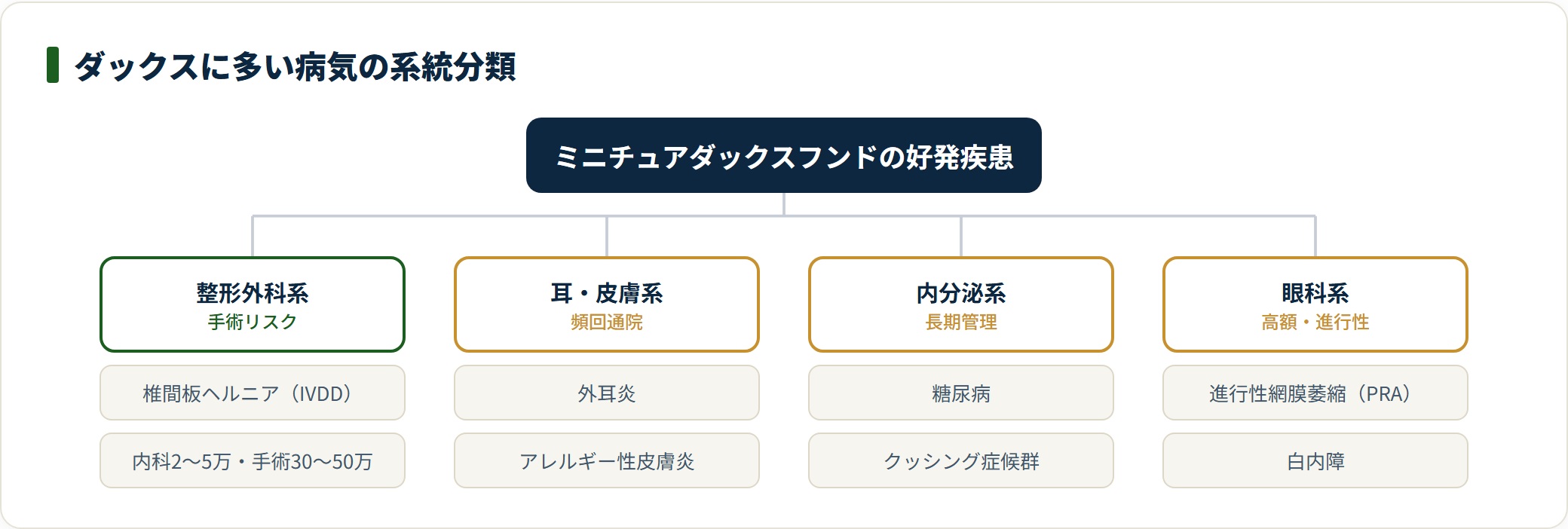 ミニチュアダックスフンドがかかりやすい病気を系統別に分類した図。