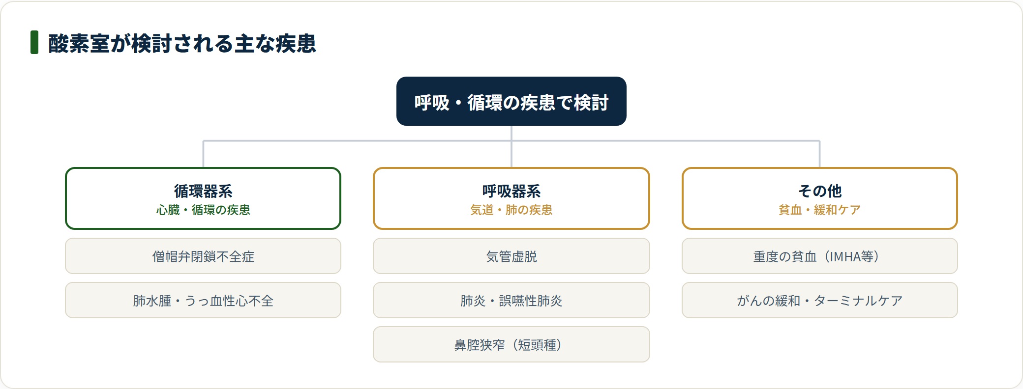 酸素室が検討される疾患を循環器・呼吸器・その他に分類した図。