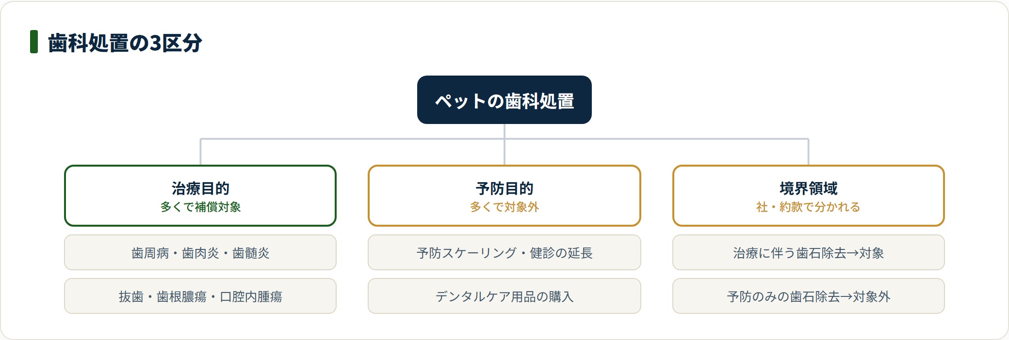 ペットの歯科処置を治療・予防・境界領域の3区分で示した図。