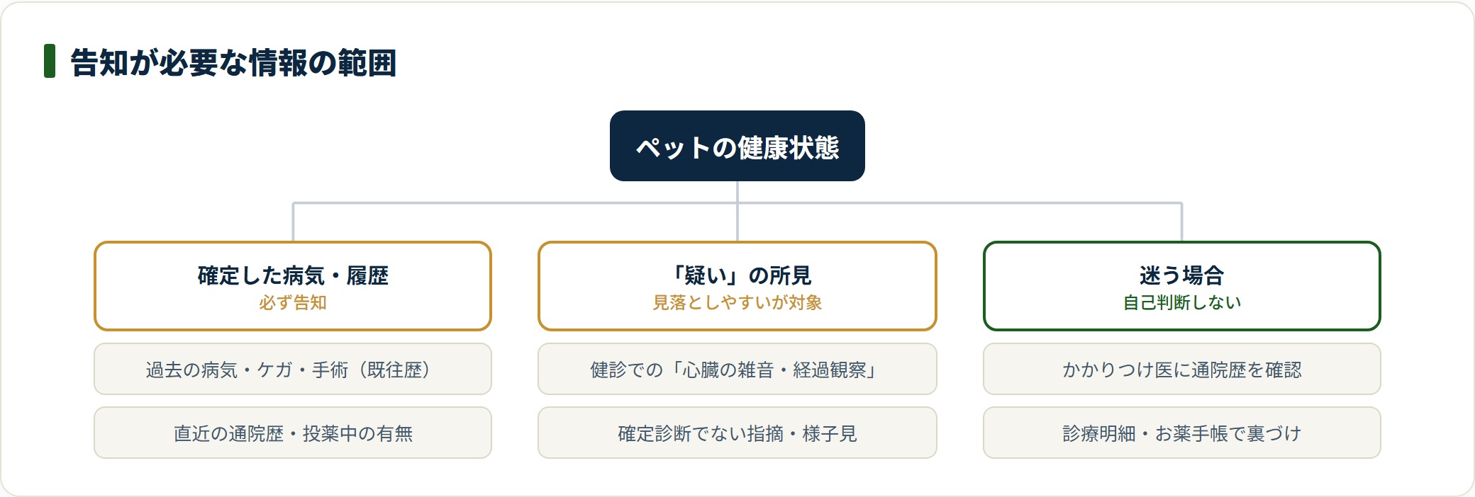 告知が必要な情報を確定診断・疑いの所見・迷う場合の3つに分類した図。