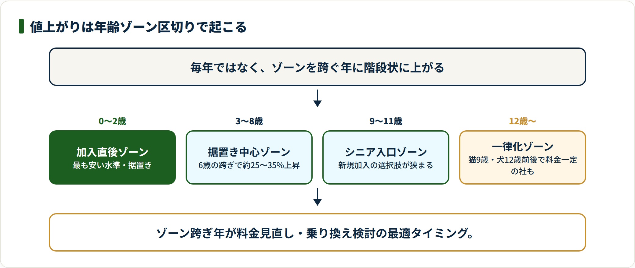 ペット保険料が年齢ゾーンを跨ぐ年に階段状に上がることを示す図。