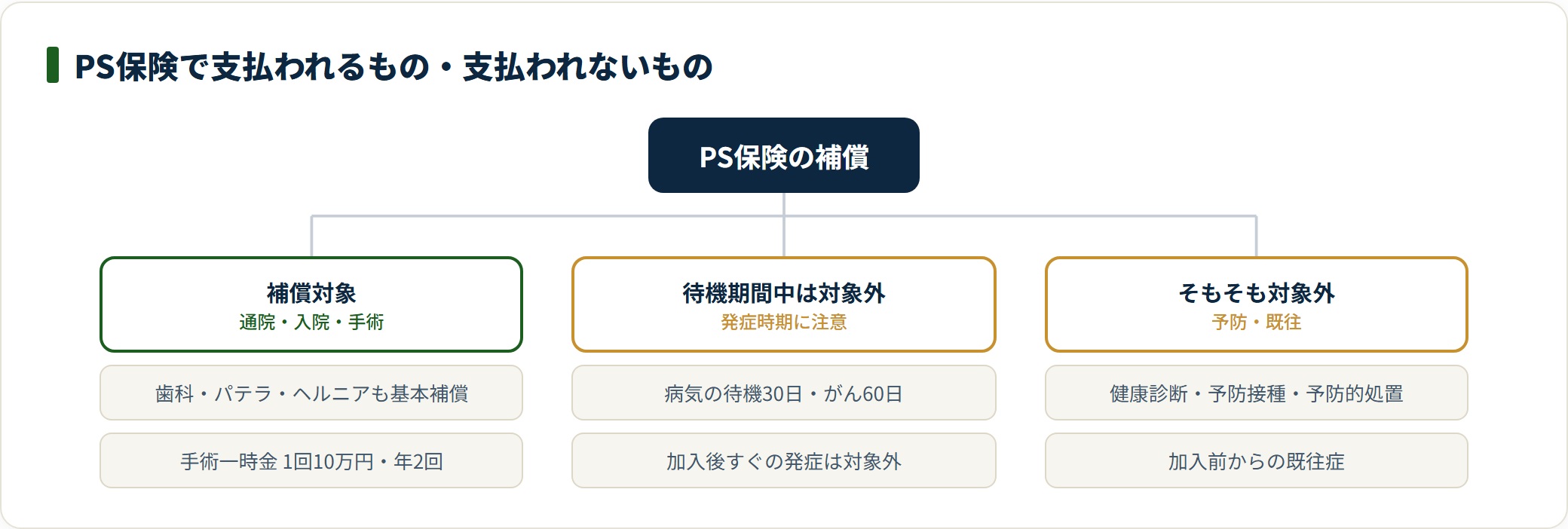 PS保険で支払われるものと支払われないものを分類した図。