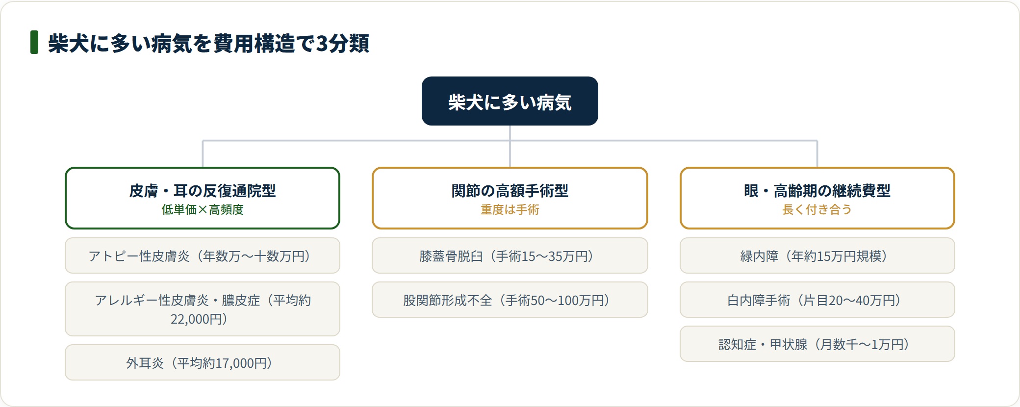 柴犬に多い病気を皮膚耳の反復通院型・関節の高額手術型・眼と高齢期の継続費型の3つに分類した図。